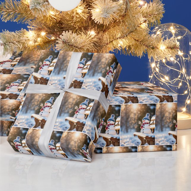Christmas Snowman On a Park Bench Wrapping Paper (Holidays)