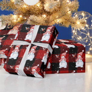 Christmas Snowman On Buffalo Plaid Wrapping Paper