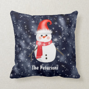 Christmas Snowman on Dark Blue Snowy Background Cushion
