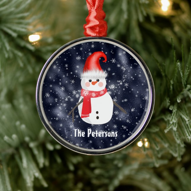 Christmas Snowman on Dark Blue Snowy Background Metal Tree Decoration (Tree)