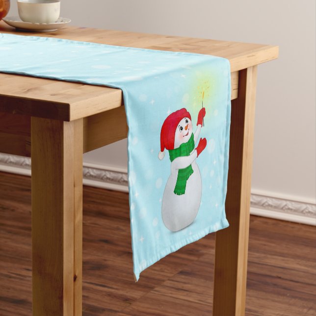 Christmas Snowman on Light Blue Medium Table Runner (In Situ)