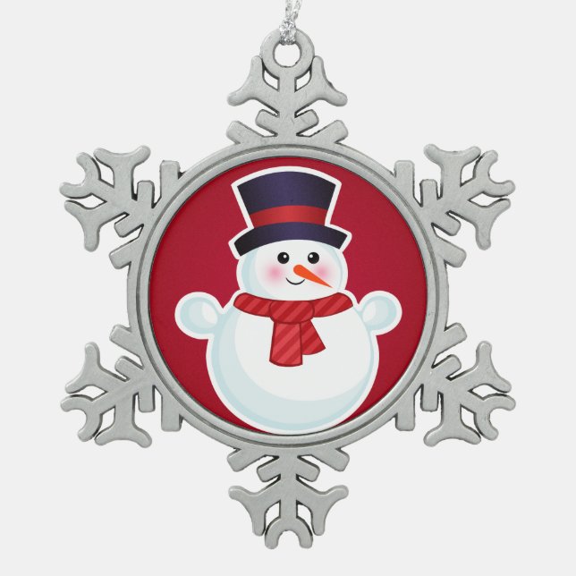 Christmas Snowman on Red Background Snowflake Pewter Christmas Ornament (Front)