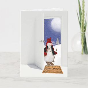 Christmas snowman on skis in doorway holiday card