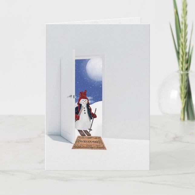 Christmas snowman on skis in doorway holiday card (Front)