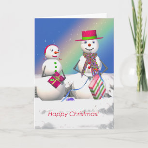 Christmas Snowman Opens Gifts Holiday Card