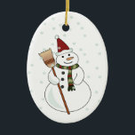 Christmas Snowman Ornament<br><div class="desc">Happy snowman wearing a santa hat with snow floating down around him.</div>