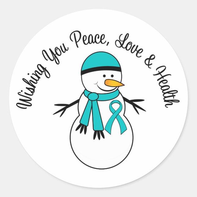 Christmas Snowman Ovarian Cancer Ribbon Classic Round Sticker (Front)