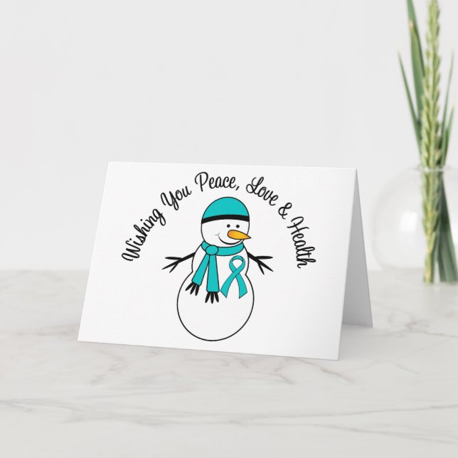 Christmas Snowman Ovarian Cancer Ribbon Holiday Card (Front)