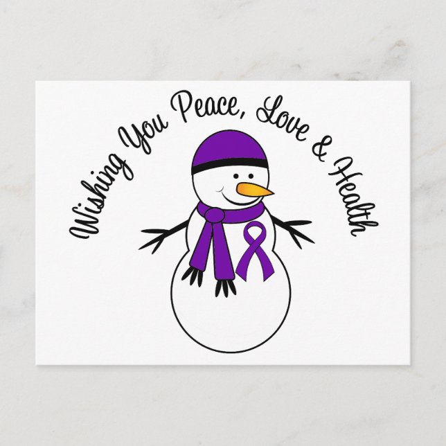 Christmas Snowman Pancreatic Cancer Ribbon Holiday Postcard (Front)