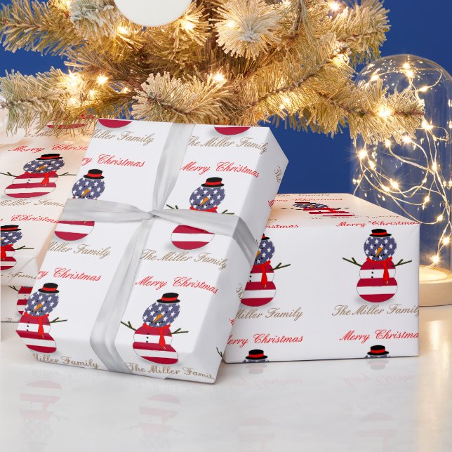 Christmas Snowman Patriotic USA flag Personalised  Wrapping Paper (Holidays)