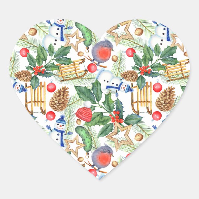 Christmas Snowman, Pine Cones, Holly, Sled, Star  Heart Sticker (Front)