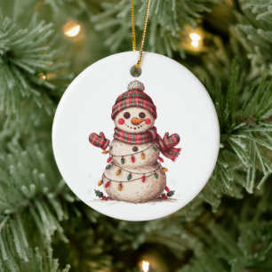 Christmas Snowman Plaid Hat Scarf Lights Mittens Ceramic Tree Decoration