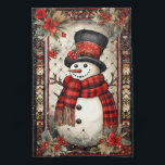 Christmas Snowman Plaid Scarf Red Flowers Tea Towel<br><div class="desc">A full size snowman wearing a red plaid scarf,  top hat and carrot nose surrounded by Christmas decorations in the frame</div>