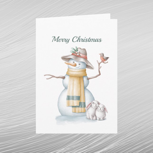 Christmas Snowman Rabbit Bird Hat Watercolor Holiday Card (Creator Uploaded)