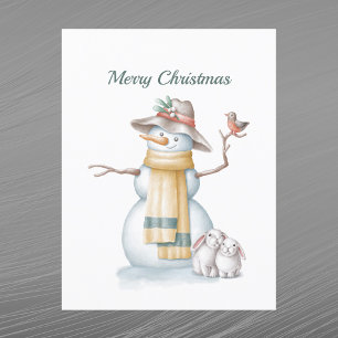 Christmas Snowman Rabbit Bird Hat Watercolor Holiday Postcard