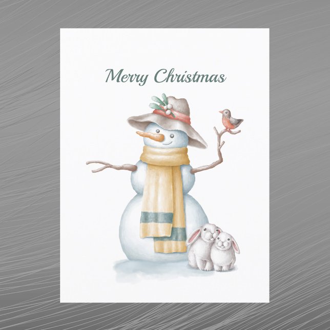 Christmas Snowman Rabbit Bird Hat Watercolor Holiday Postcard (Creator Uploaded)