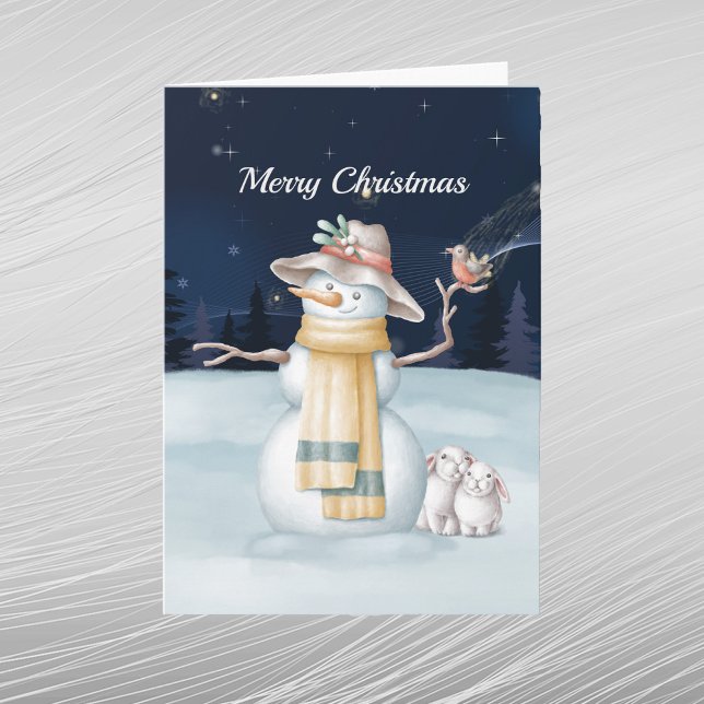 Christmas Snowman Rabbit Bird Hat Watercolor Night Holiday Card (Creator Uploaded)