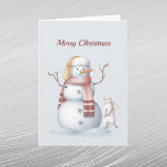Christmas Snowman Rabbit Carrot Watercolor  Holiday Card<br><div class="desc">A snowman wearing ear muffs with a carrot for its nose.  Inquisitive bunny looking at carrot.</div>