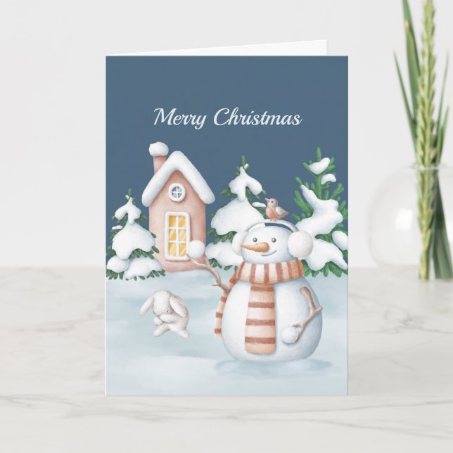 Christmas Snowman Rabbit Trees Snowball Watercolor Holiday Card (Front)
