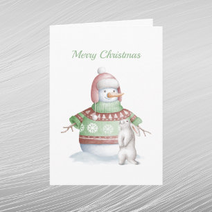 Christmas Snowman Rabbit Watercolor Holiday Card