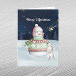 Christmas Snowman Rabbit Watercolor Night Holiday Card<br><div class="desc">A snowman and rabbit.</div>
