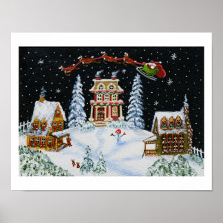 Christmas,snowman,rabbits,Santa,landscape,bunny's Poster
