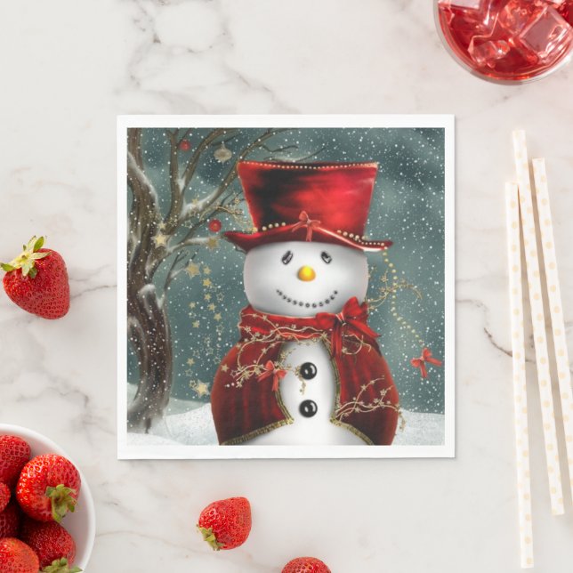 Christmas Snowman Red Hat & Jacket Snow Napkin (Insitu)