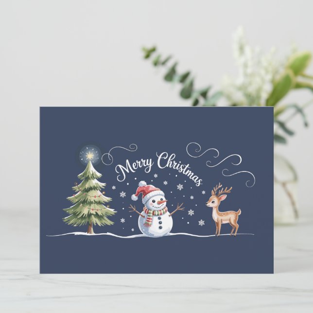 Christmas Snowman Reindeer Xmas Tree Winter Holiday Card (Standing Front)