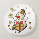 Christmas Snowman Round Cushion<br><div class="desc">A cute snowman on a sleigh with a present,  a little letter and Christmas decorations.</div>