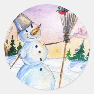 Christmas snowman Russian style card Classic Round Sticker