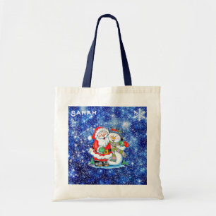 Christmas Snowman & Santa Snow Add Name Tote Bag