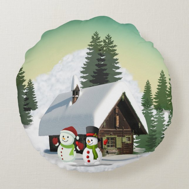 Christmas Snowman Scene Round Cushion (Back)