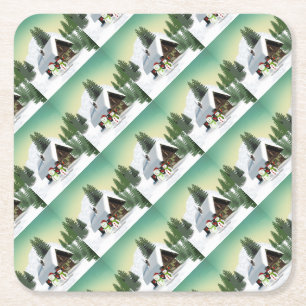 Christmas Snowman Scene Square Paper Coaster