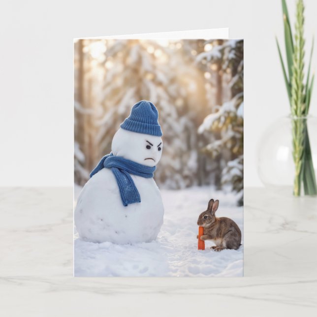 Christmas Snowman Scowling at a Rabbit Card (Front)