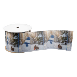 Christmas Snowman Scowling at a Rabbit Satin Ribbon