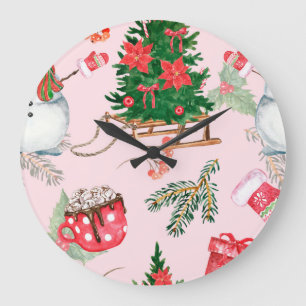 Christmas Snowman Seamless Pattern. Large Clock