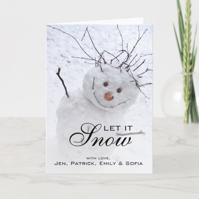 Christmas Snowman Sitting In A Snowy Outdoors Holiday Card (Front)
