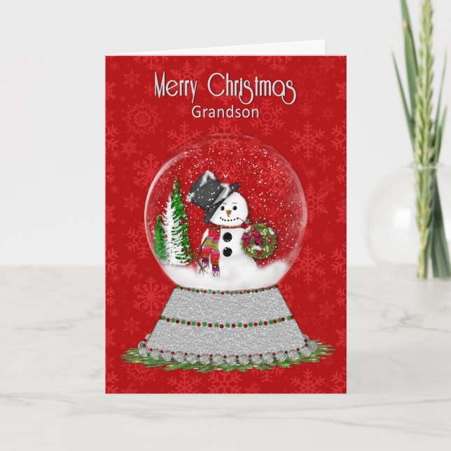 Christmas Snowman Snow-Globe, Grandson Card (Front)