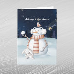 Christmas Snowman Snowballs Rabbit Night Sky Holiday Card<br><div class="desc">A snowman holding snowballs and a ducking rabbit.</div>