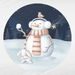 Christmas Snowman Snowballs Rabbit Watercolor Classic Round Sticker<br><div class="desc">A snowman holding snowballs and a ducking rabbit.</div>