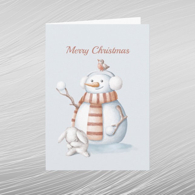 Christmas Snowman Snowballs Rabbit Watercolor Holiday Card (Creator Uploaded)