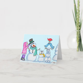 Christmas Snowman, Snowcat, Snowdog, and Girl Holiday Card