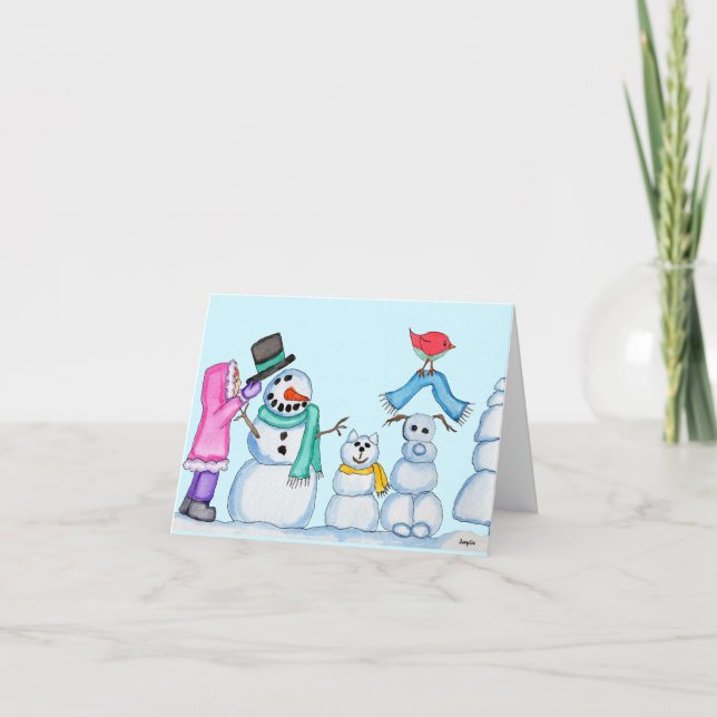 Christmas Snowman, Snowcat, Snowdog, and Girl Holiday Card (Front)