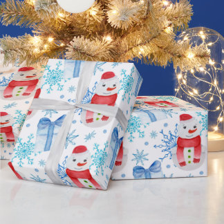 Christmas Snowman, Snowflakes and Gift Boxes  Wrapping Paper
