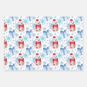 Christmas Snowman, Snowflakes and Gift Boxes  Wrapping Paper Sheet