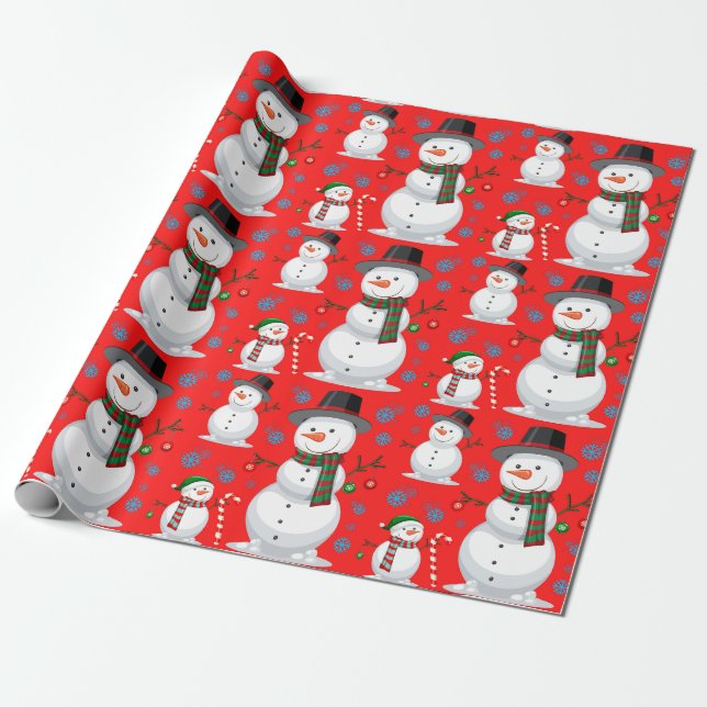 Christmas Snowman, Snowflakes, Candy Cane Red Wrapping Paper (Unrolled)
