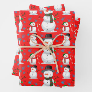 Christmas Snowman, Snowflakes, Candy Cane Red Wrapping Paper Sheet