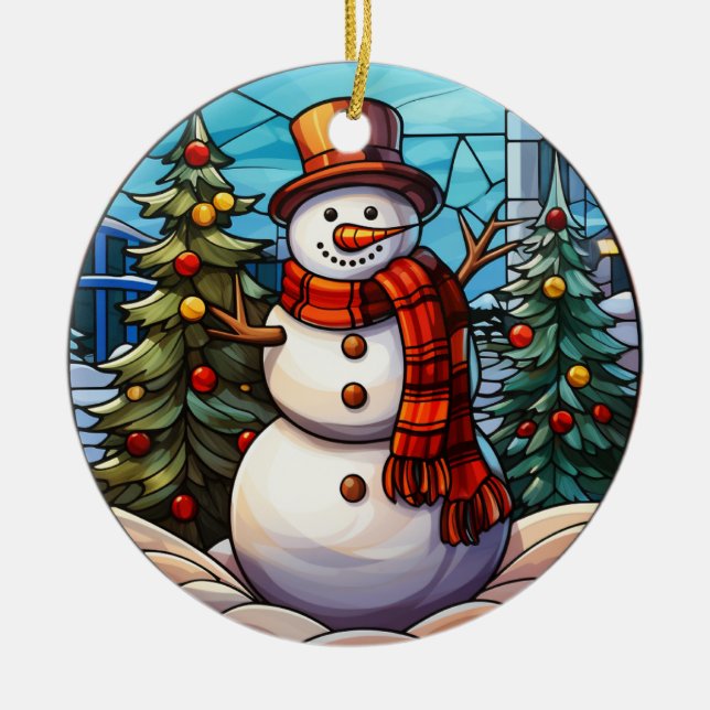 Christmas Snowman stained glass style Ceramic Tree Decoration (Front)