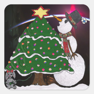 Christmas Snowman Surprise Holidays Square Sticker