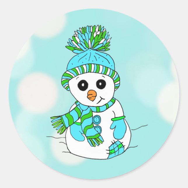 Christmas Snowman Teal Background Holiday Seasonal Classic Round Sticker (Front)